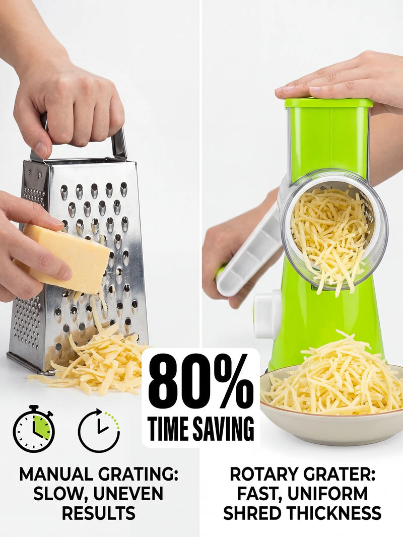 Multi-Function Rotary Cheese Grater with Suction Base and Round Mandoline Slicer