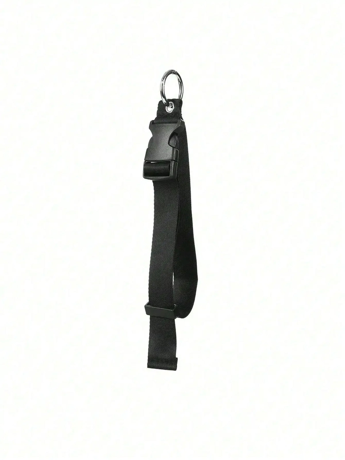 Black durable polyester luggage strap with a metal ID tag attached.