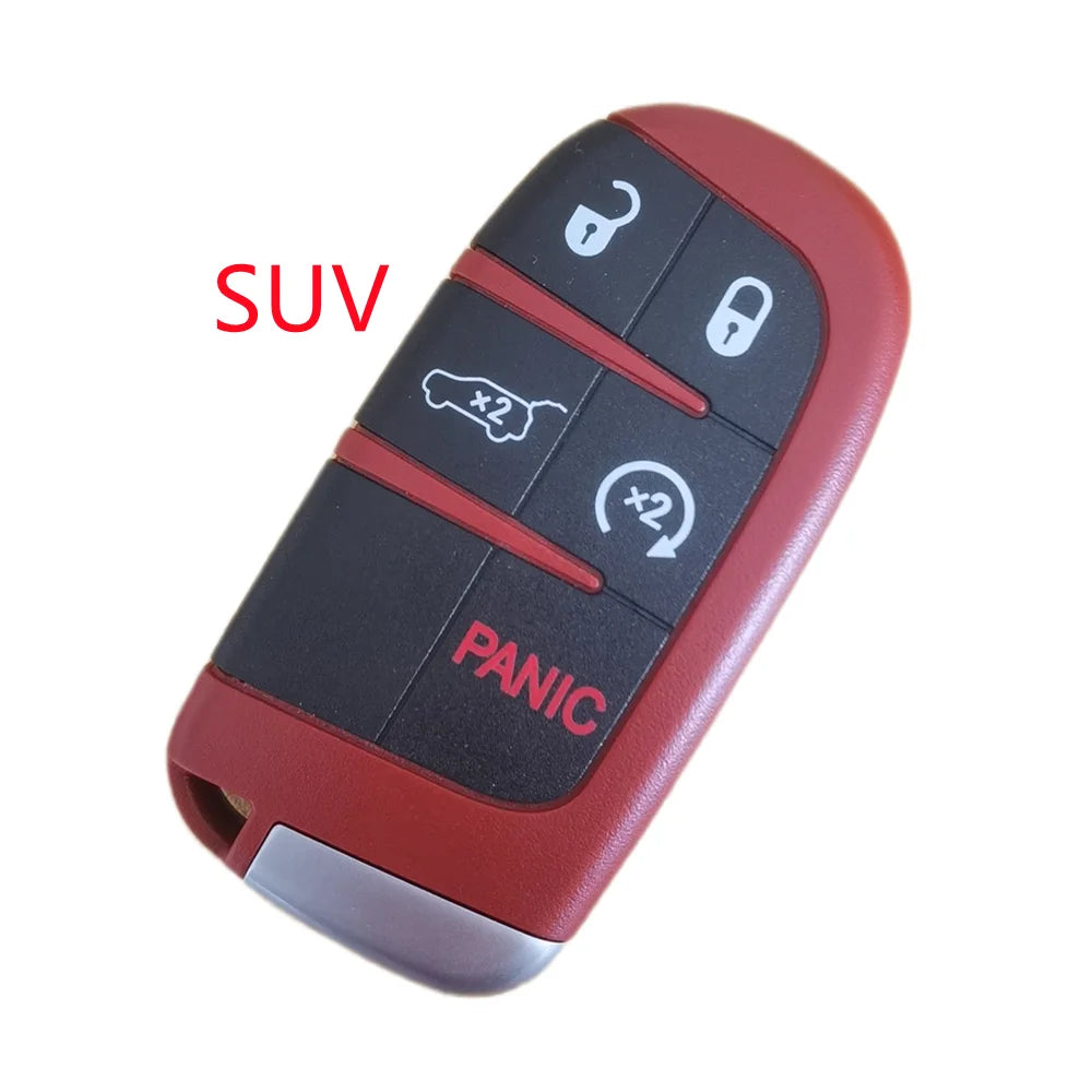 A red key fob shell replacement for a SUV, featuring lock and panic buttons.