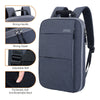 A dark blue UOZL laptop backpack shown with close-ups highlighting its strong handle, zipper, adjustable belt, and padded bre