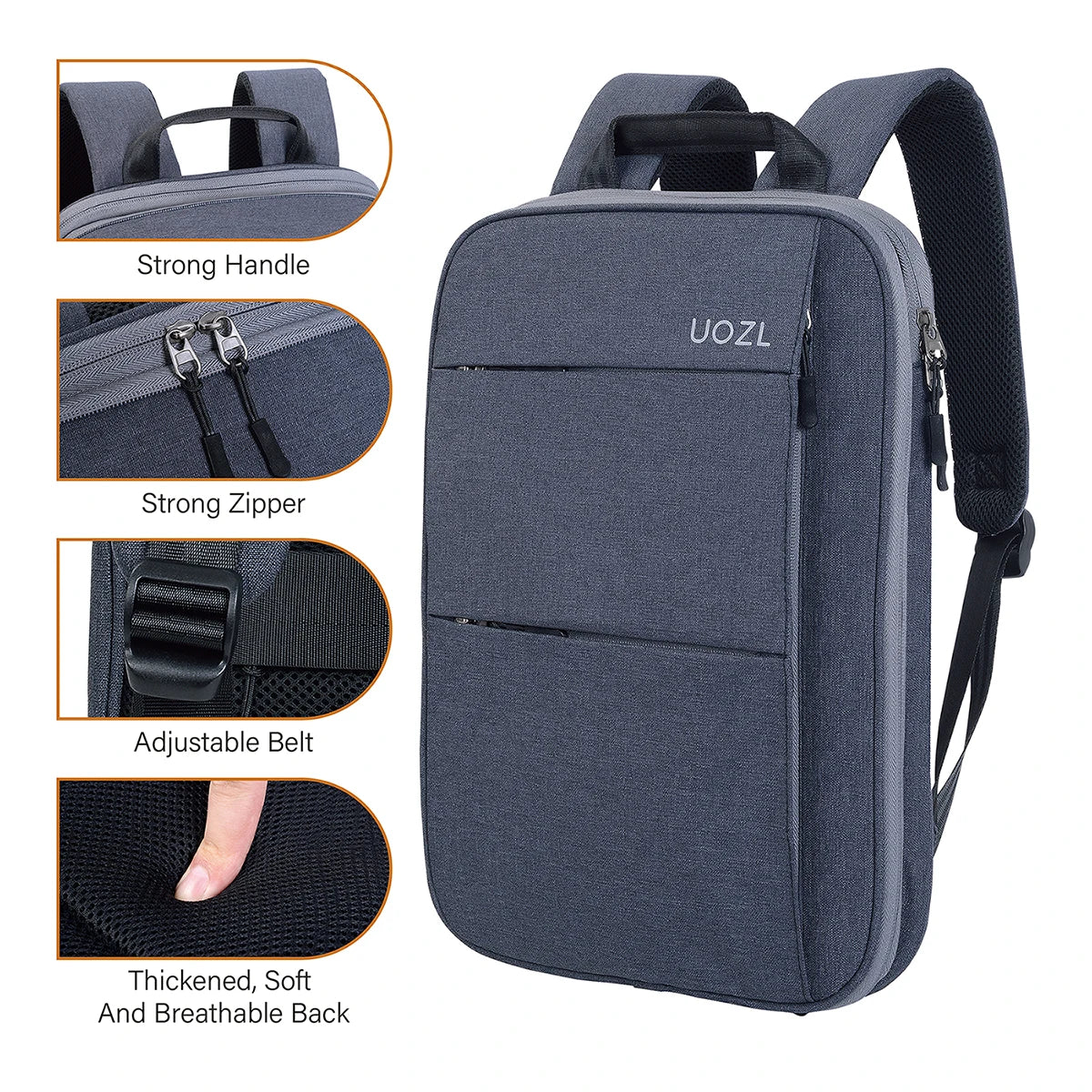 A dark blue UOZL laptop backpack shown with close-ups highlighting its strong handle, zipper, adjustable belt, and padded bre