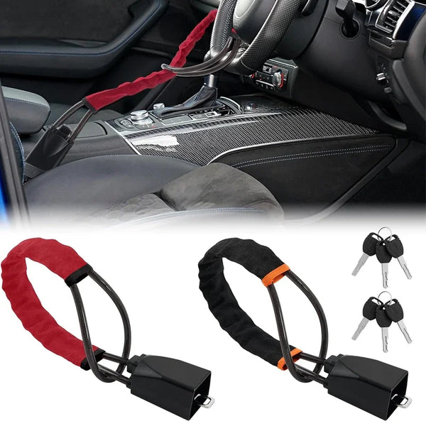 Verrou universel de volant automobile avec dispositif anti-vol à ceinture de sécurité, montré sous diverses formes.