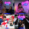 A collage showing various uses of a Good Vibes Only LED neon sign, including party decor, bedroom decor, and wedding elements