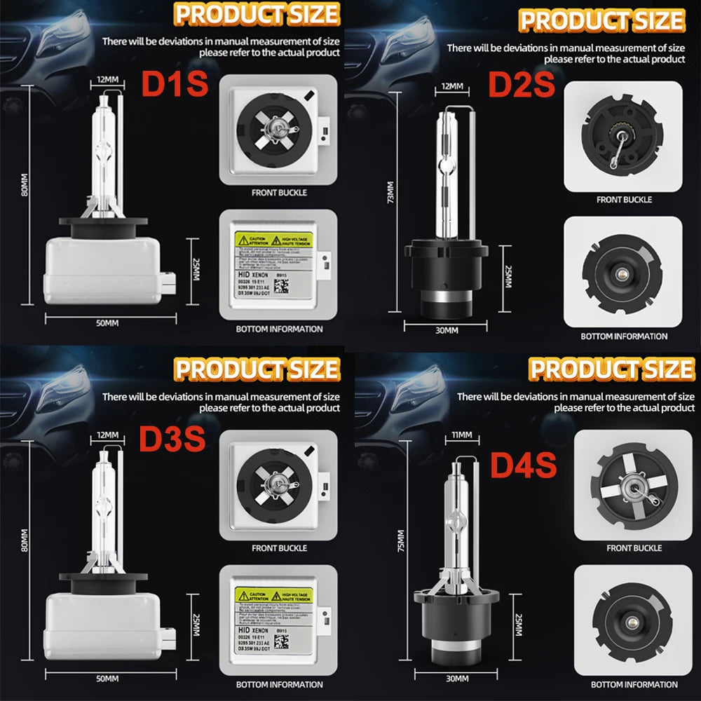 Diagramas que muestran el tamaño y los detalles de montaje de las bombillas delanteras D1S, D2S, D3S y D4S.