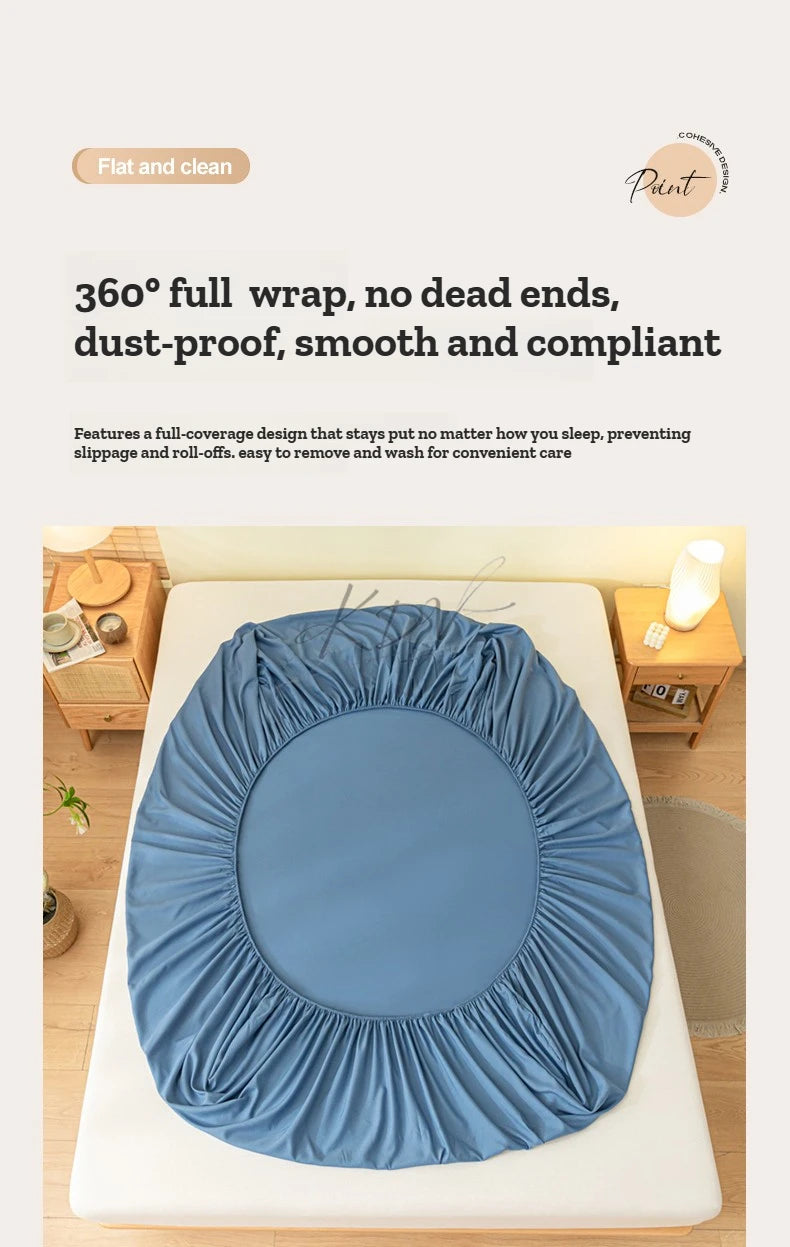 A rolled blue fitted bed sheet is displayed on a white bed, emphasizing its smooth and compliant fabric.