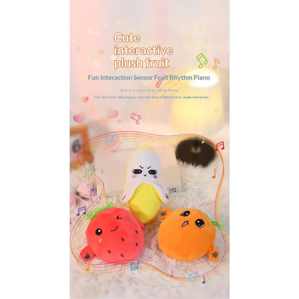 Cute interactive plush fruit toy featuring a motion sensor and rhythm piano sound.