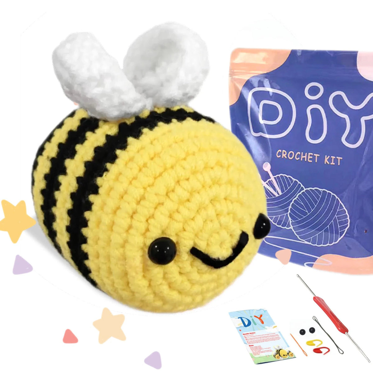 A yellow crocheted bee toy next to a DIY crochet kit package and tools.