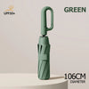 A green windproof reverse folding umbrella with a carabiner handle and 106cm diameter.