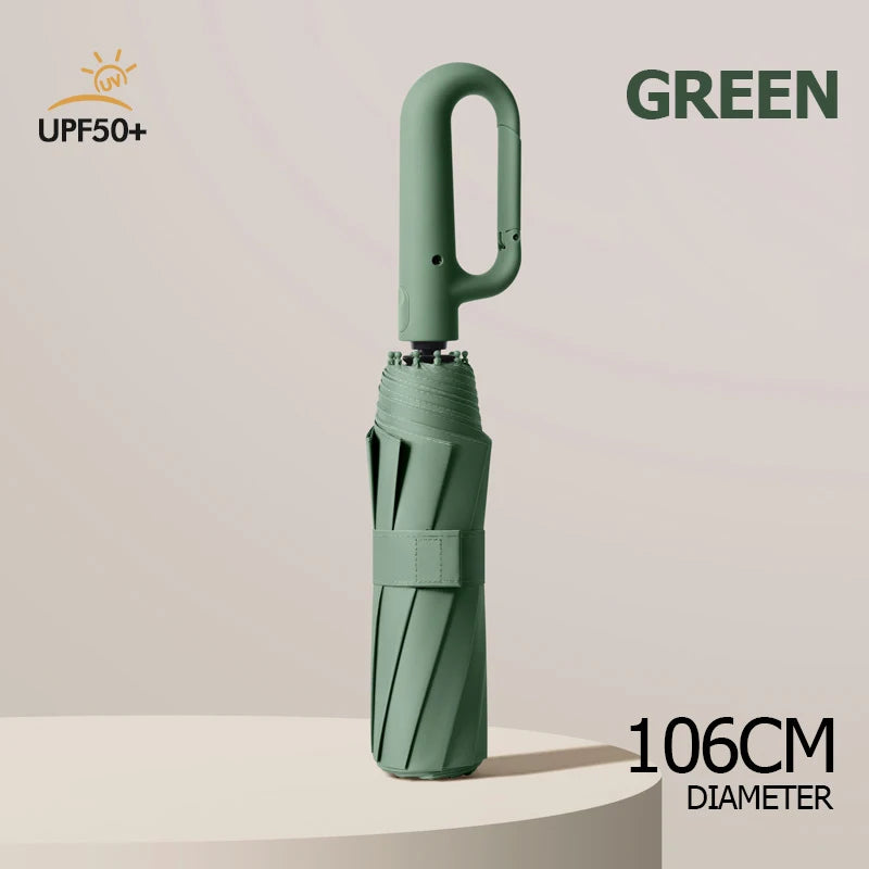 A green windproof reverse folding umbrella with a carabiner handle and 106cm diameter.