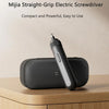 A black Mijia Straight-Grip electric screwdriver is shown resting on a wooden surface.