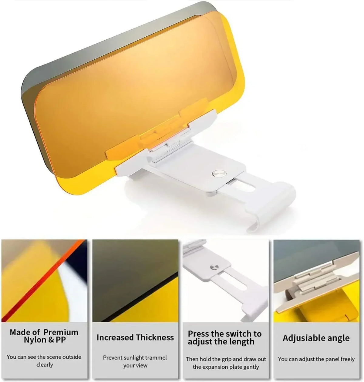 A yellow and silver dual-purpose anti-glare car sun visor extender with a white extension plate.