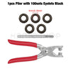 A set of black pliers with 100 eyelets and a red-handled plier tool.