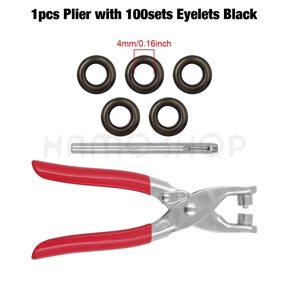 A set of black pliers with 100 eyelets and a red-handled plier tool.