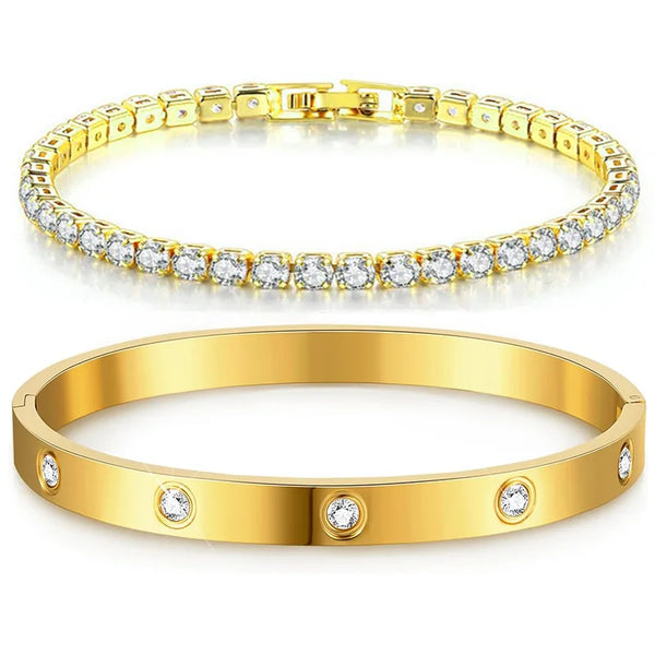 14K Gold-Plated CZ Tennis Bracelet & Bangle Set