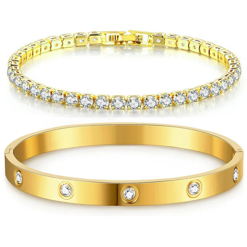 14K Gold-Plated CZ Tennis Bracelet & Bangle Set