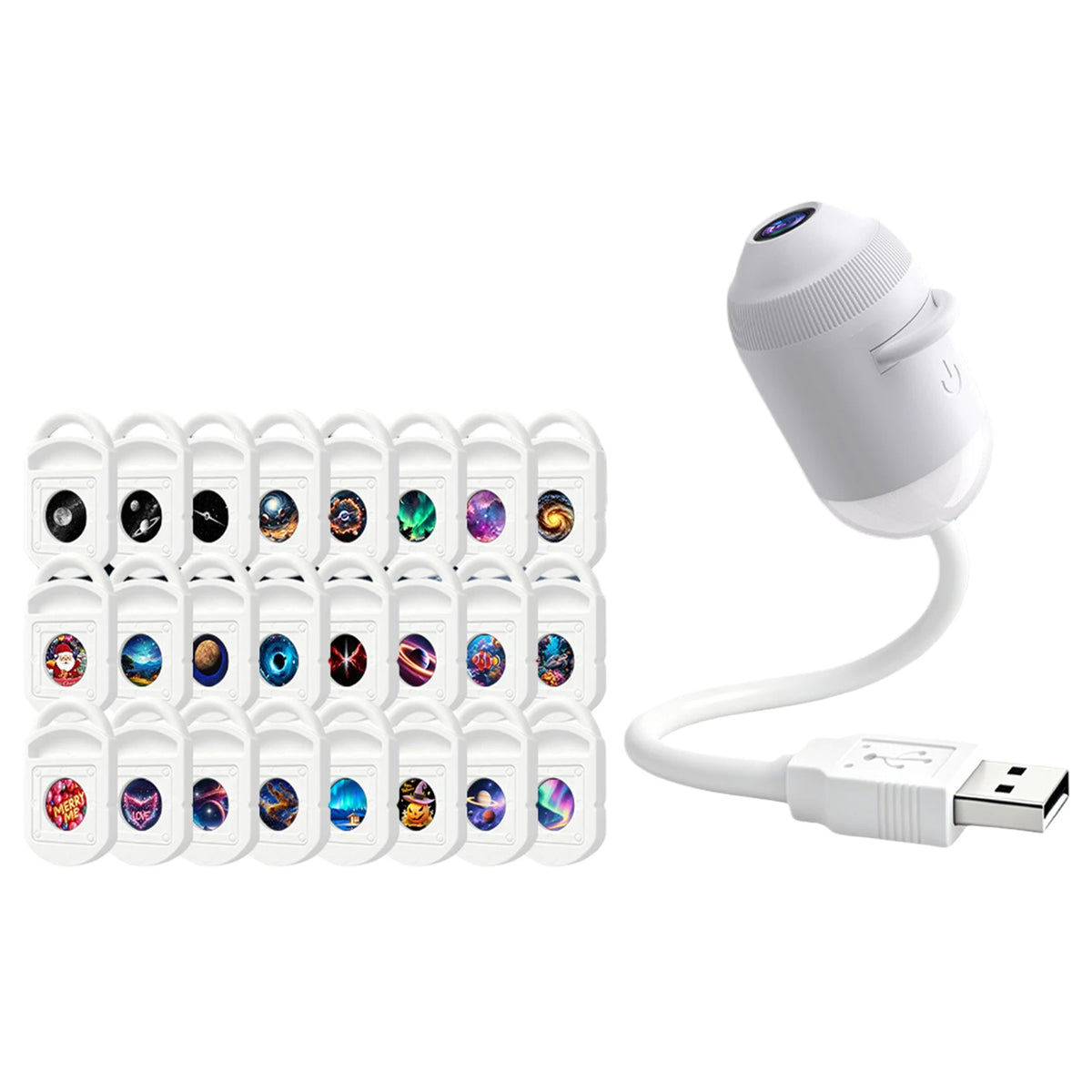 A white 2-in-1 mini projector night light with multiple colored lights arranged in a row.