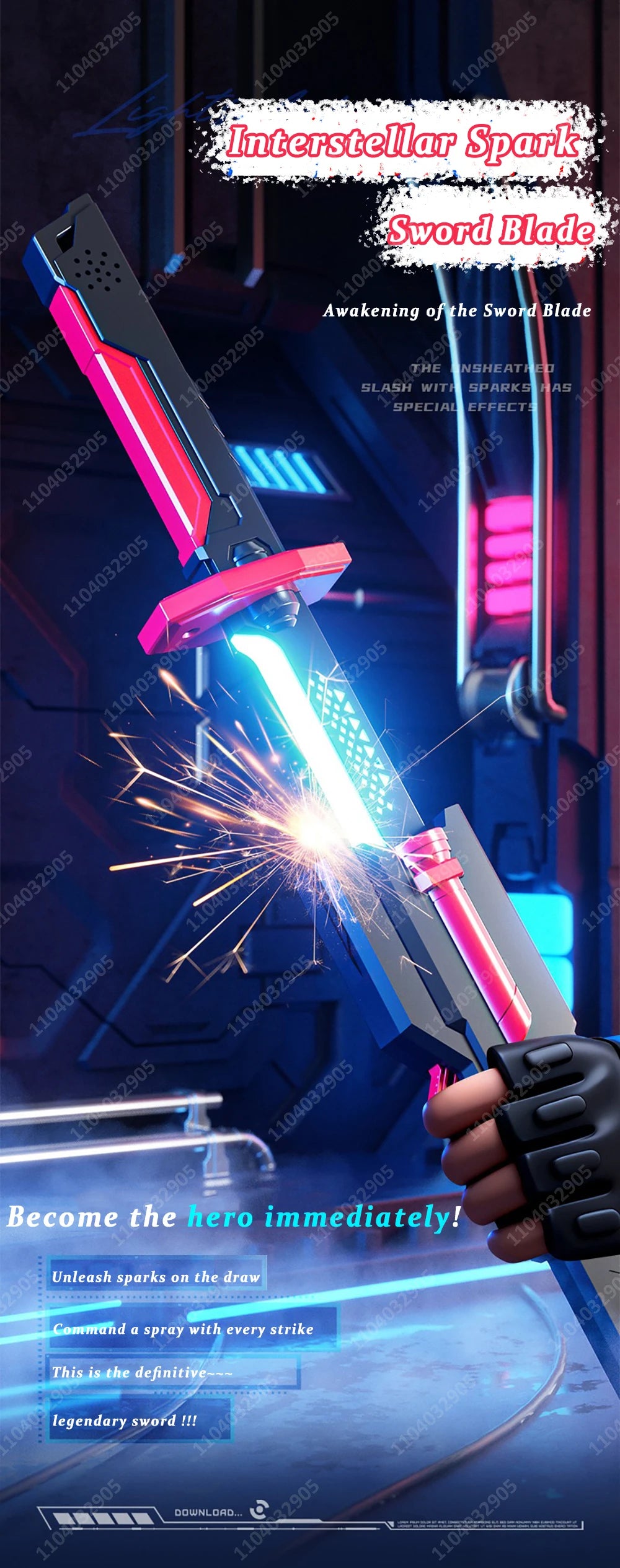 A futuristic sword blade glowing with intense light and sparks, featuring a pink and black design.