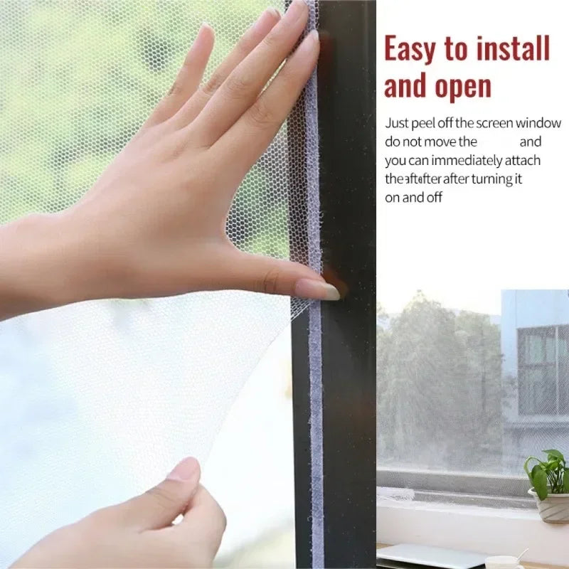 A hand is peeling off a self-adhesive mosquito net for windows, demonstrating the easy install and open feature.