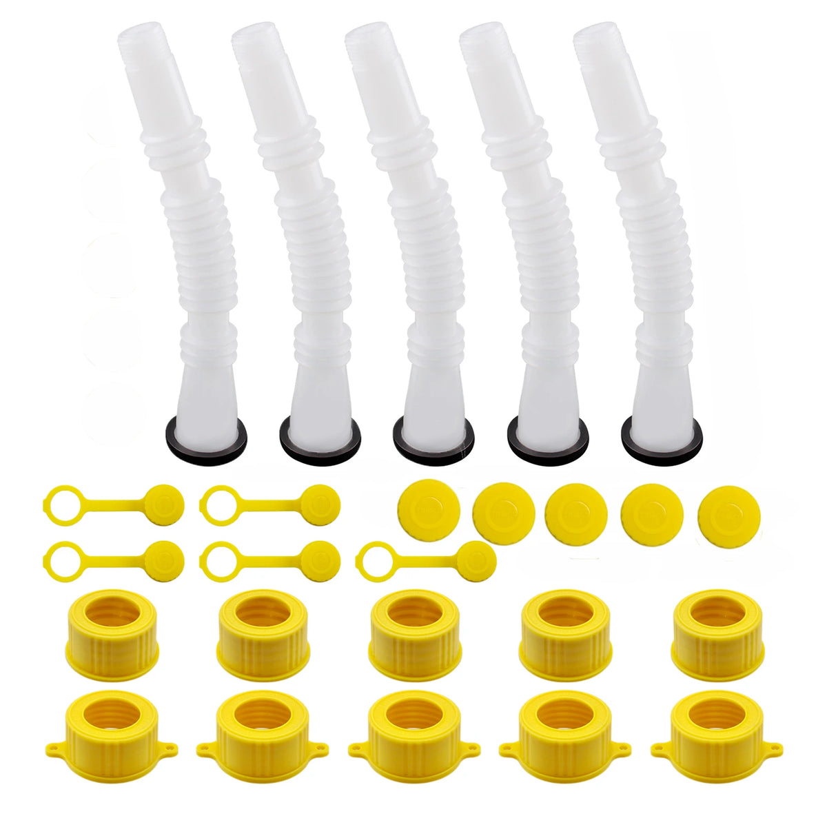 A set of white flexible gas can spout replacements and yellow rubber seals for a universal kit.