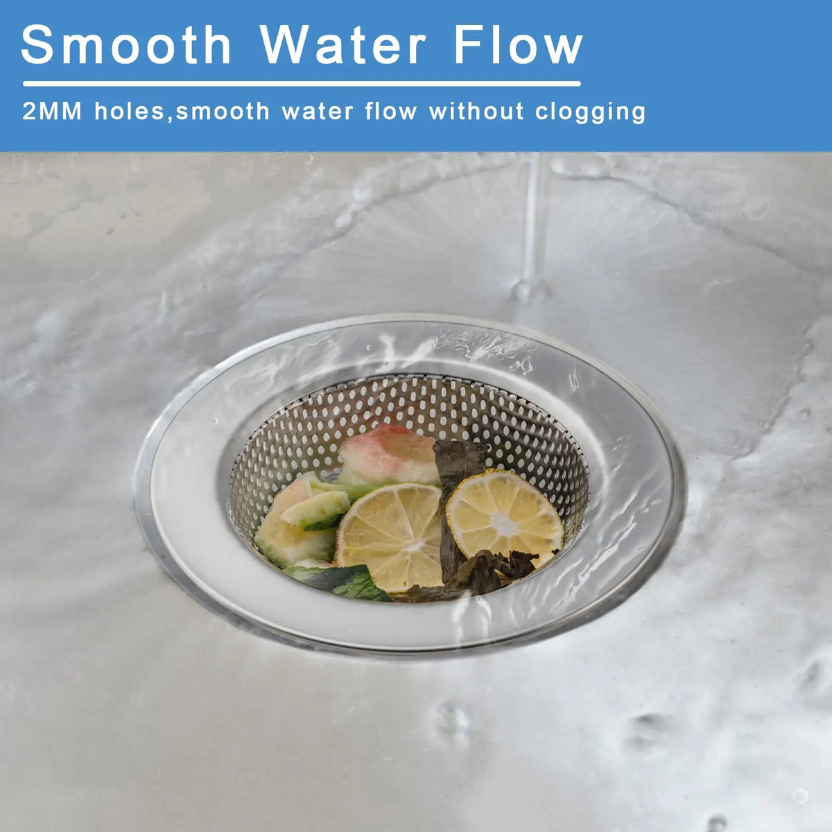 A stainless steel sink drain strainer with 2mm holes is shown holding citrus fruit for smooth water flow.