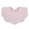 A light pink, textured cotton baby bib in a bandana style for newborns.