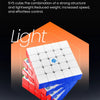 A close-up view of a white and blue magnetic cube product highlighting light weight and speed.