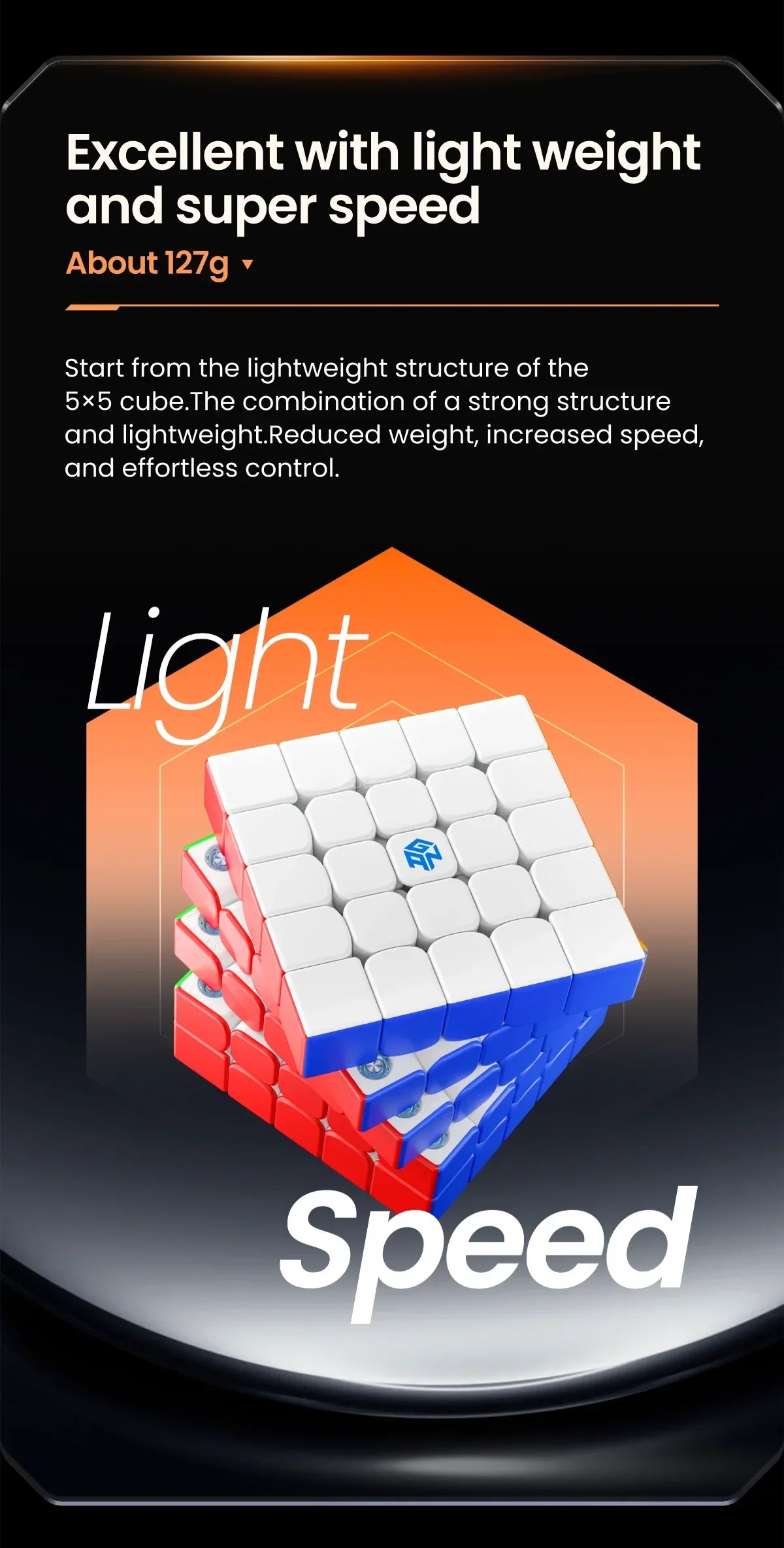 A close-up view of a white and blue magnetic cube product highlighting light weight and speed.