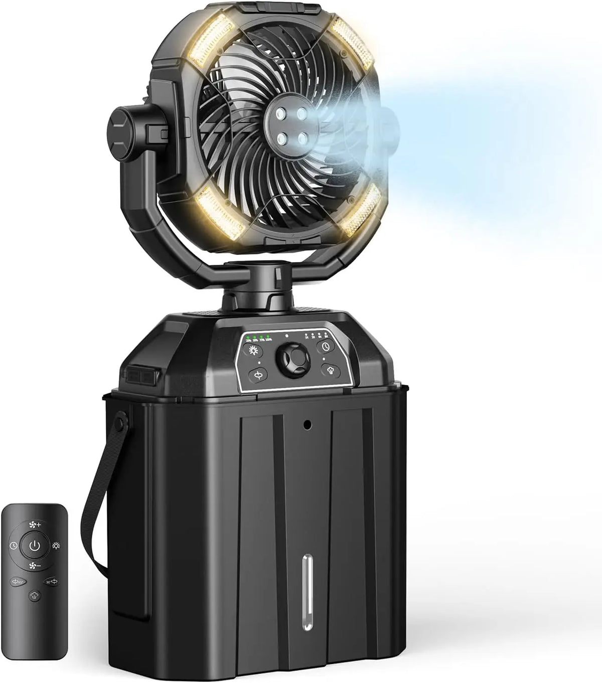 A black portable rechargeable misting fan with a water tank and power bank sits on a surface.
