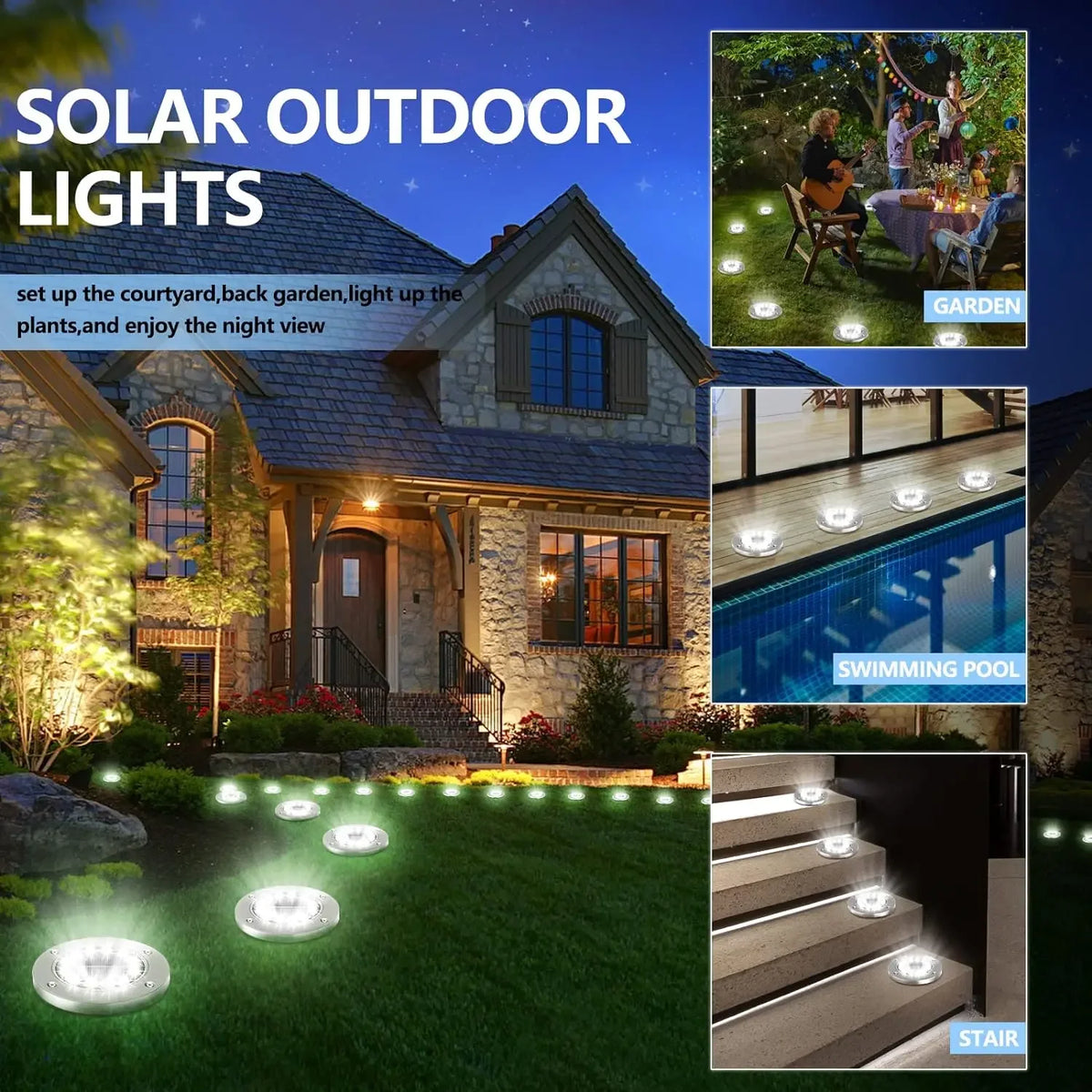 Solar outdoor lights illuminating a garden, swimming pool, and stairs at night.