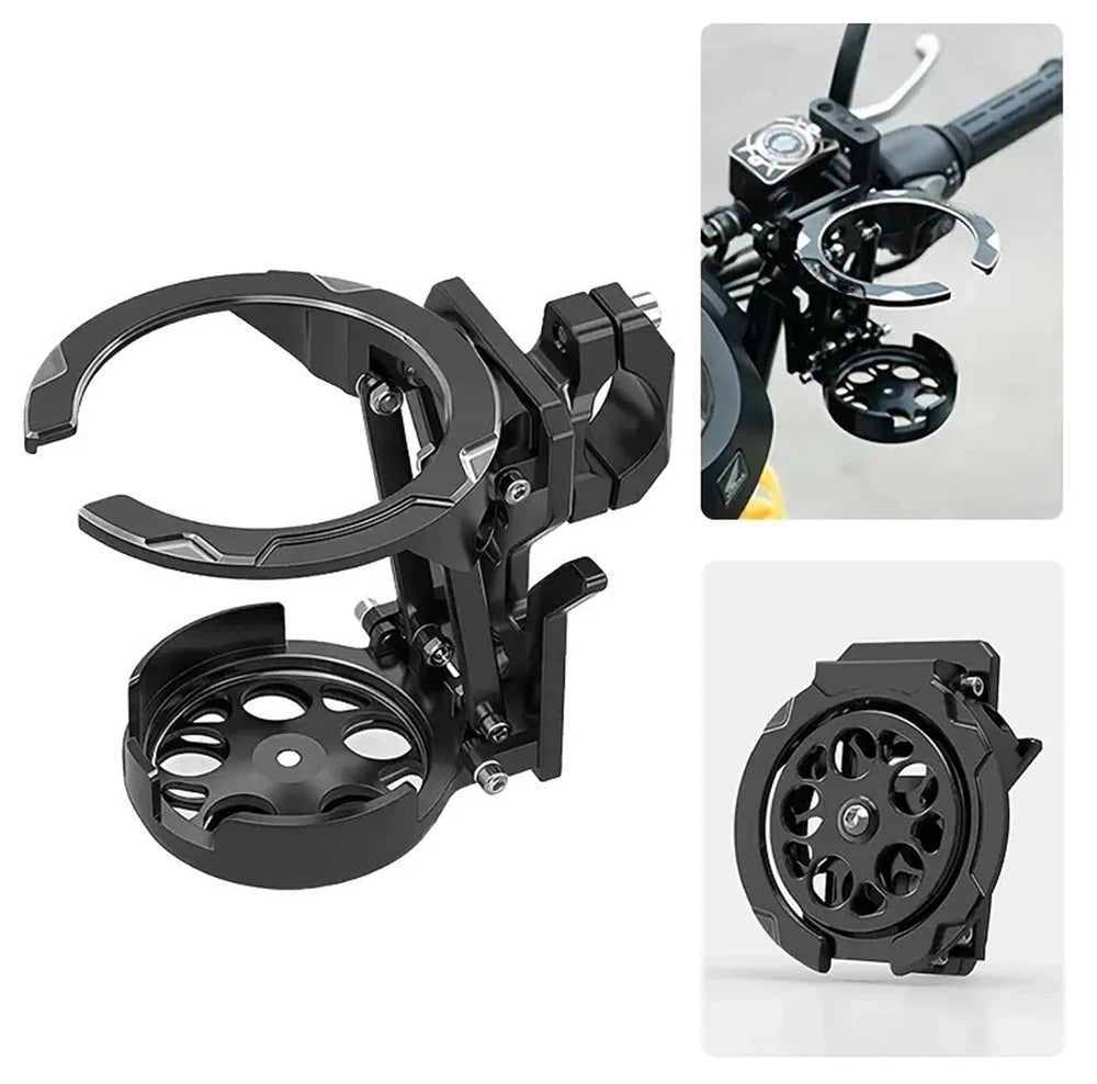 Black 360° foldable handlebar cup holder for bikes and scooters shown in multiple views.