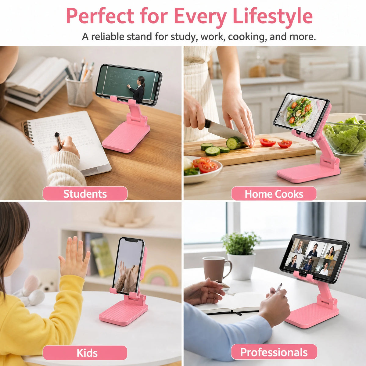 Pink Foldable Phone & Tablet Stand with Adjustable Viewing Angle