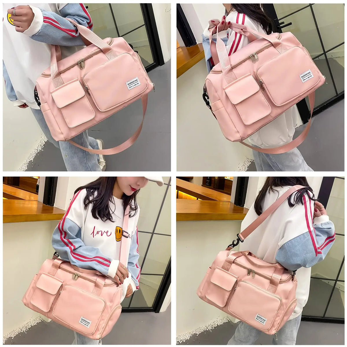 A pink waterproof travel duffle bag with a shoe compartment being carried by a woman.
