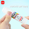 A hand is holding a white glue stick with colorful packaging, labeled PVA 21g W-1613, ready for use.