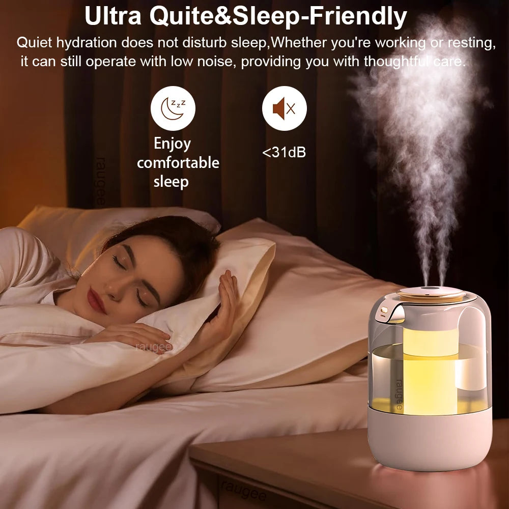 A white ultrasonic humidifier with an LED night light is placed on a bedside table next to a woman sleeping in bed.