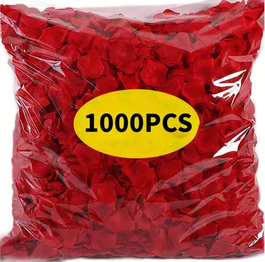 A bag of 1000 pieces of red silk rose petals for weddings and proposals.