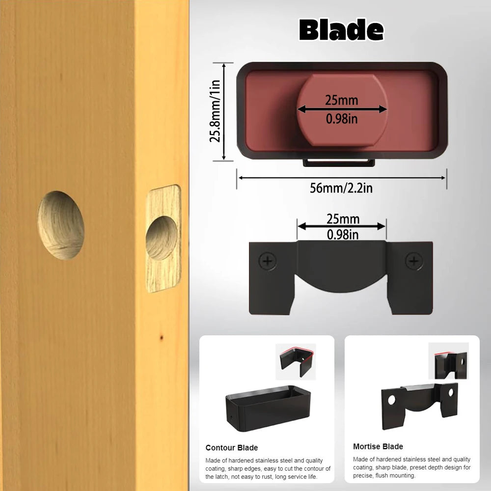 A set of hardware components for door latch mortise installation including a blade and chisel guide.