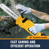 A hand is using a yellow cordless electric chainsaw with a 12 inch chain saw blade to cut wood.