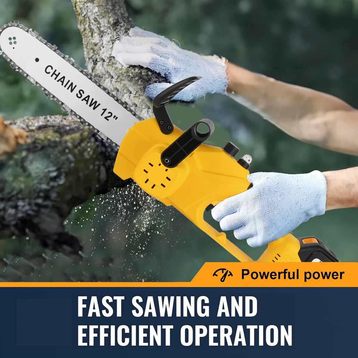 A hand is using a yellow cordless electric chainsaw with a 12 inch chain saw blade to cut wood.
