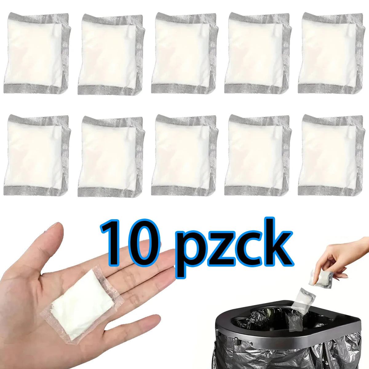 Ten packets of portable toilet absorbent powder shown next to a hand and a black plastic container.