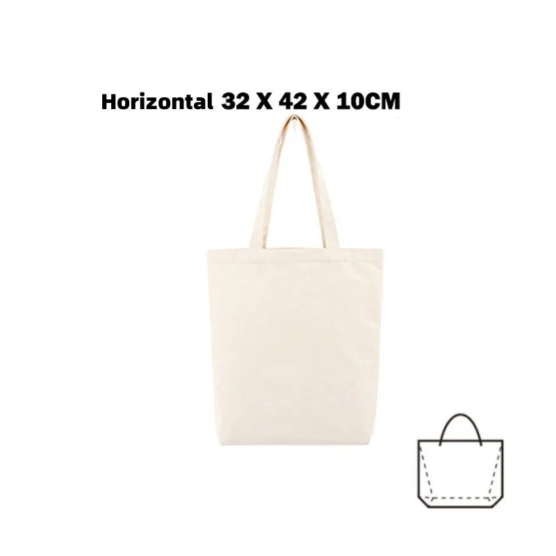 A beige canvas shopping tote bag shown flat with a handle and outline.