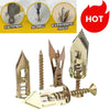 A set of heavy-duty self-drilling drywall anchors and related tools including a hammer and screw.