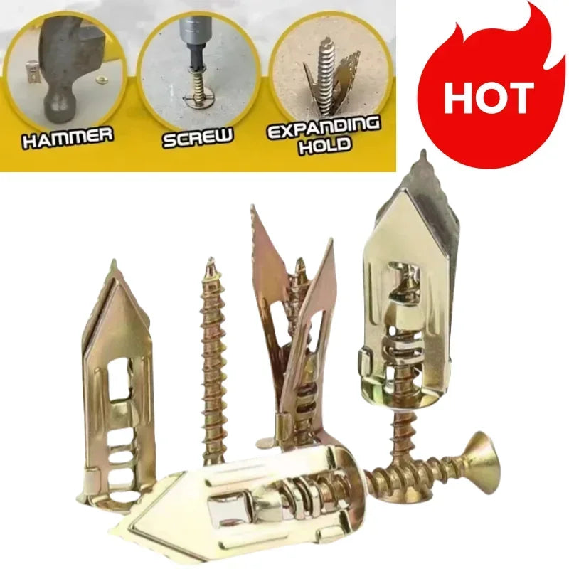 A set of heavy-duty self-drilling drywall anchors and related tools including a hammer and screw.