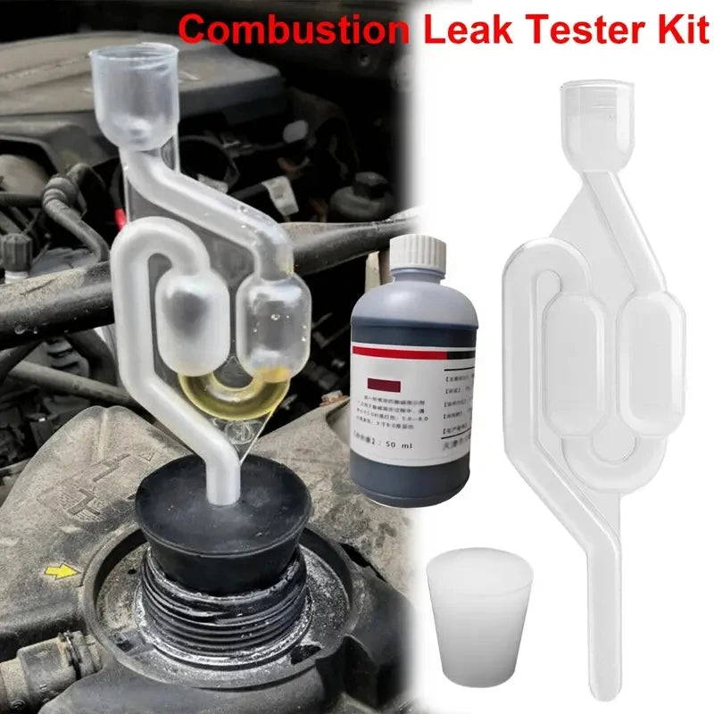A combustion leak tester kit showing a transparent tube connected to an engine component and a 50ml bottle of test fluid.