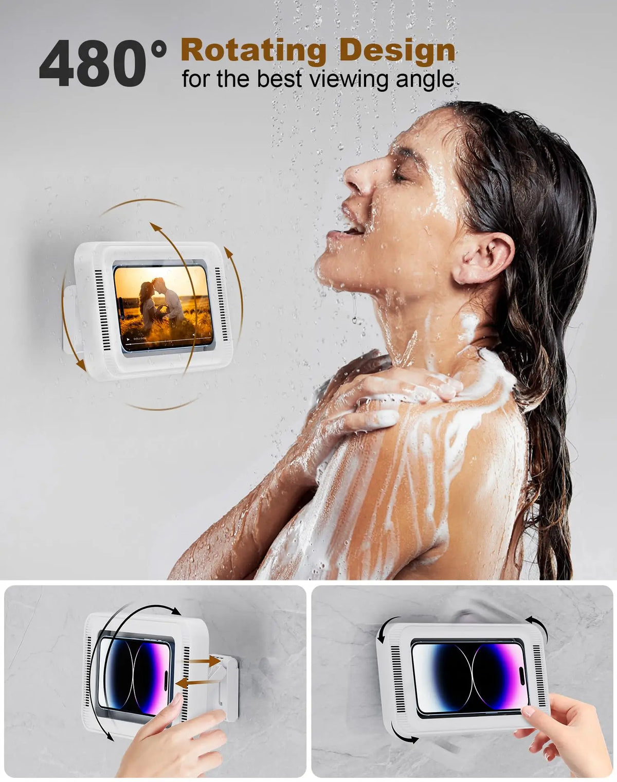 A woman is using a waterproof shower phone holder with 480° rotating design to take a picture.