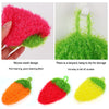 Three colored strawberry shaped scouring sponges: orange, red, and yellow.