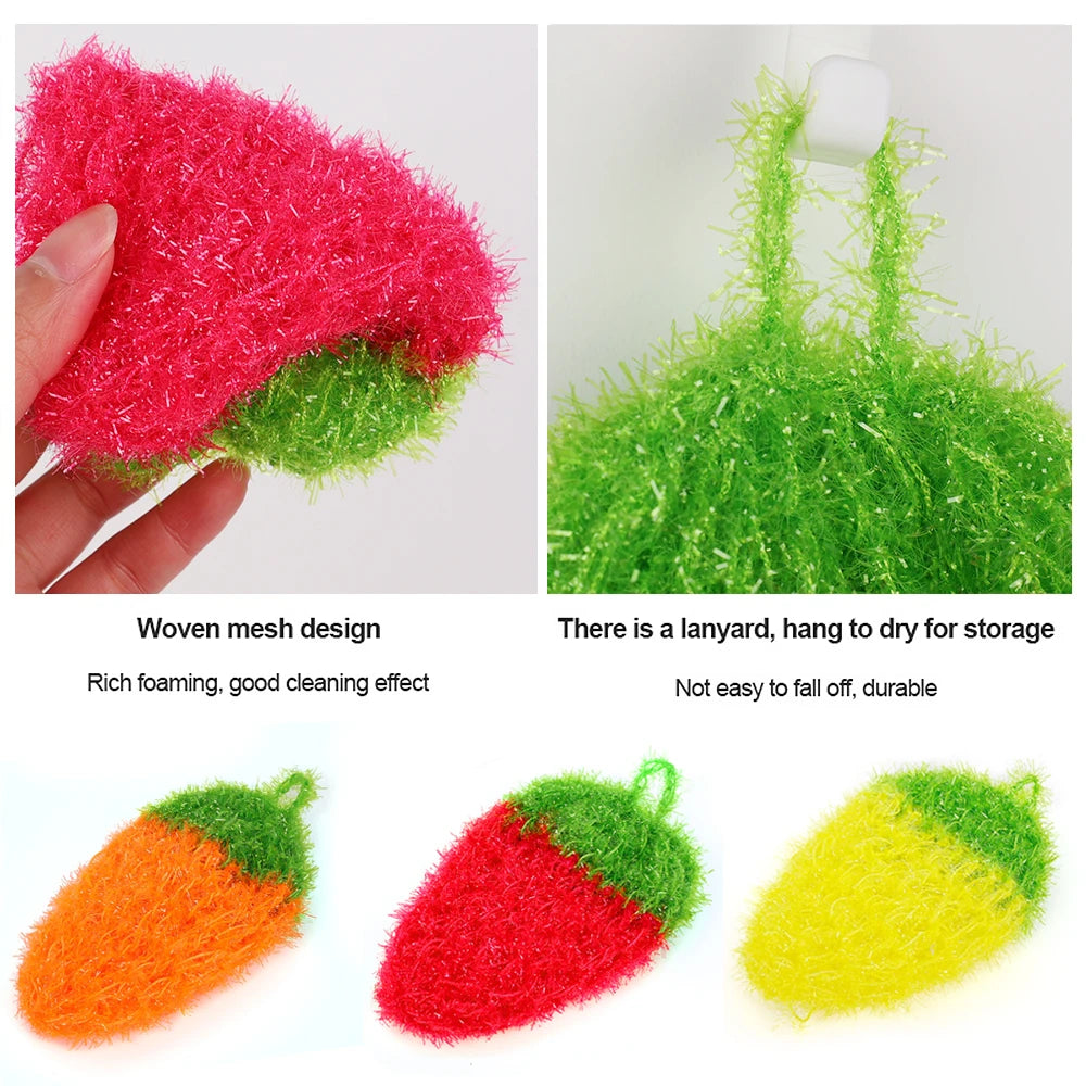 Three colored strawberry shaped scouring sponges: orange, red, and yellow.