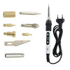 A kit of various wood burning and soldering tips including a pen with a cord.