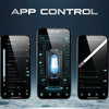 Five smartphones display an app control interface for a Luke Skywalker inspired lightsaber product.