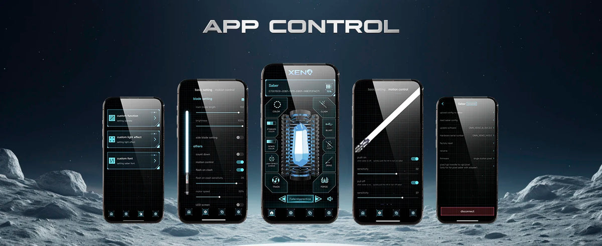 Five smartphones display an app control interface for a Luke Skywalker inspired lightsaber product.