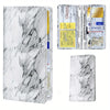 A premium faux leather document organizer featuring a white and gray marble pattern, shown in a closed and open state.